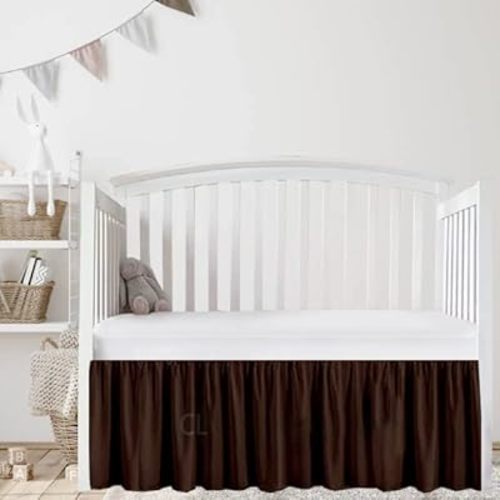 Chocolate Crib Skirt Dust Ruffle, 100% Natural Cotton-Nursery Crib-Toddler Bedding Skirt for Baby Girls or Boys, 14" Drop