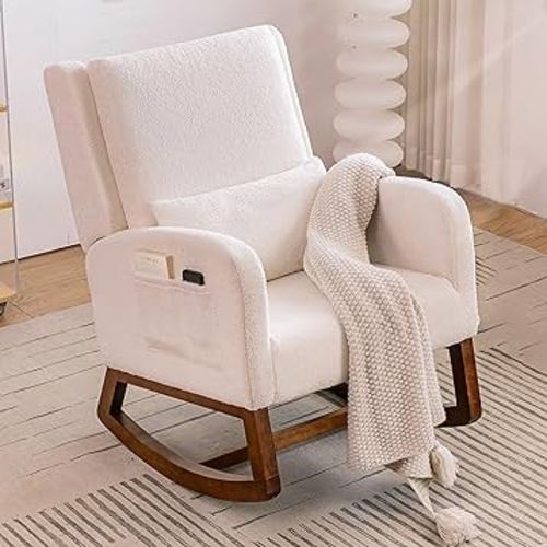 Teddy Rocking Chair for Nursery, Sherpa Rocking Chair Indoor for Living Room, Modern Glider Rocker Chair w/Pillow&Side Pocket