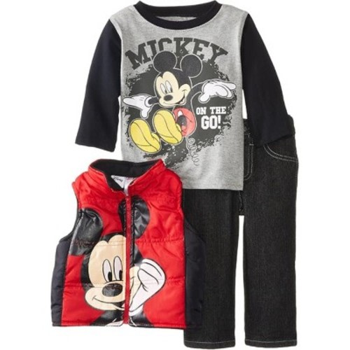 Disney Baby Boys' Mickey Mouse 3-Piece Vest, Shirt & Jeans Set, Red/Black, 12 Months