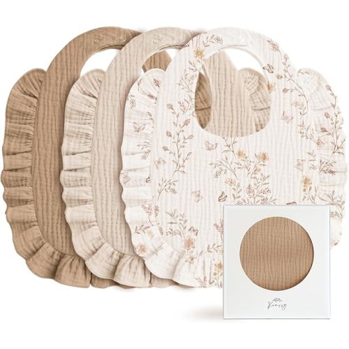 Konssy Muslin Baby Bibs for Girls – Soft 100% Cotton Drool Bibs, Ruffle Trim for Newborns & Toddlers 0-36 Months 3-Pack