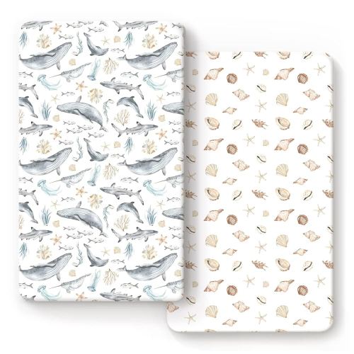 GRSSDER Stretchy Ultra Soft Jersey Knit Fitted Crib Sheets Set 2 Pack, Fit All Standard Crib Mattresses Safe and Snug, Beautiful Marine Organism for Boys and Girls