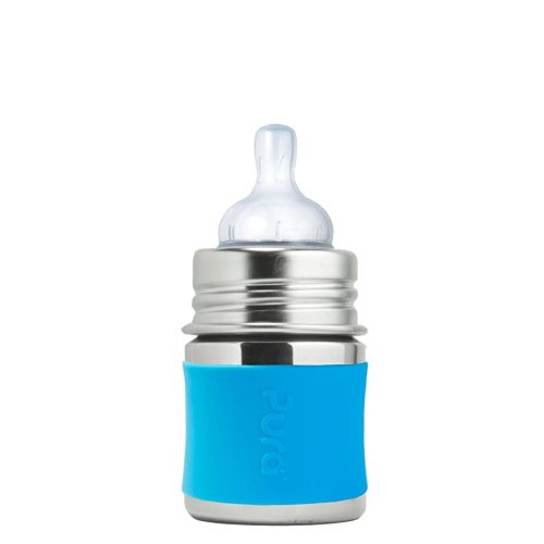 Pura Kiki 5oz/150ml Stainless Steel Anti-Colic Infant Bottle w/Silicone Natural Vent Nipple & Sleeve, 100% Plastic-Free, MadeSafe Certified, Medical-Grade Silicone - Aqua