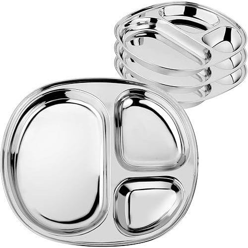 Ahimsa Stainless Steel Plates for Kids - Divided Plates for Toddlers, Pediatrician Designed, Non Toxic Toddler Plate, Camping Plate, BPA Free & Dishwasher Safe (Set of 4)