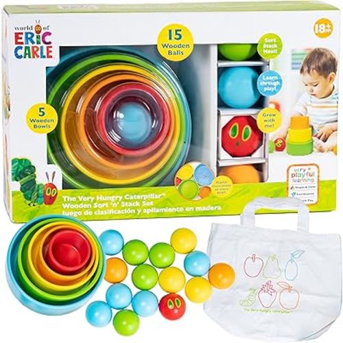 KIDS PREFERRED World of Eric Carle The Very Hungry Caterpillar Wooden Sort and Stack Bowls and Balls Set – Wooden Educational Toy with 5 Bowls and 15 Balls