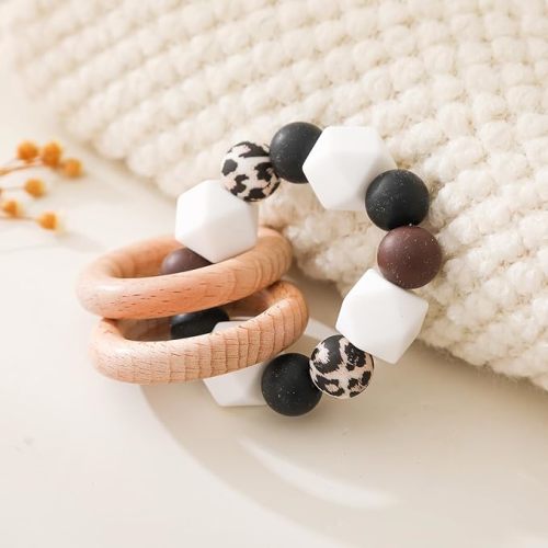 Wooden Rattle Shake Toy Baby Ring Grasping Toys Wooden Bracelet for Infant Baby, Leopard