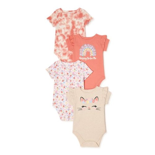 Garanimals Baby Girl Short Sleeve Bodysuit Multipack, 4-Pack, Sizes 0/3M-24M