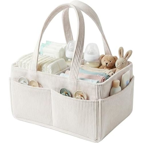 Panier de rangement pour couches de bébé, panier de rangement portable en velours côtelé avec poignée, organiseurs de bébé et rangement pour table à langer, panier cadeau de fête prénatale beige
