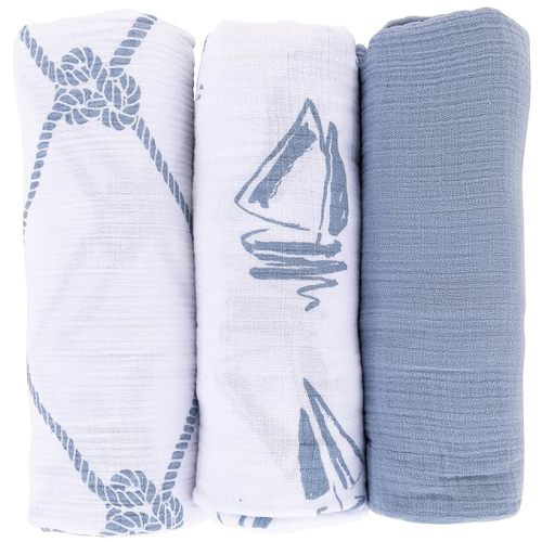 Ely's & Co. Cotton Muslin Swaddle Blanket 3 Pack 47" x 47" - Dusty Blue Nautical Print - 3-Pack