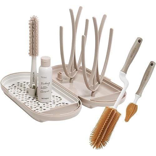 MOTHER-K Travel Baby Bottle Drying Rack Set (Cream Mocha) + Silicone Bottle & Nipple Brush Set
