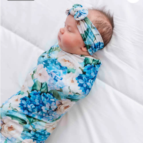 Once in a Blue Bloom Swaddle & Headwrap Set