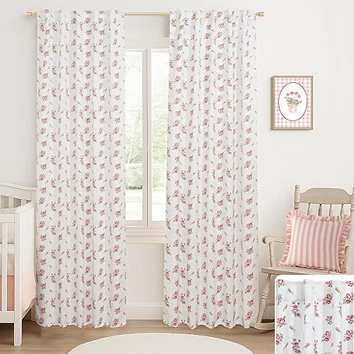 Pink Floral Blackout Curtains for Nursery Girls Bedroom 2 Panels Coquette Cute Light Blush White Green Shabby Chic Vintage Boho Cottage Core Curtains for Kids 84 Inch Long Teen Room Decor Aesthetic