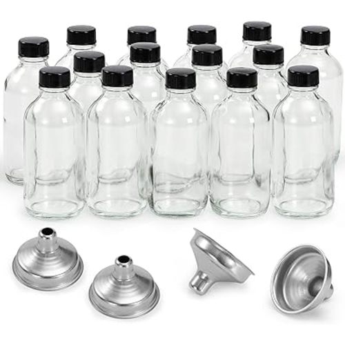 15 Pack, 4 oz Small Clear Glass Bottles with Lids. Milk storage