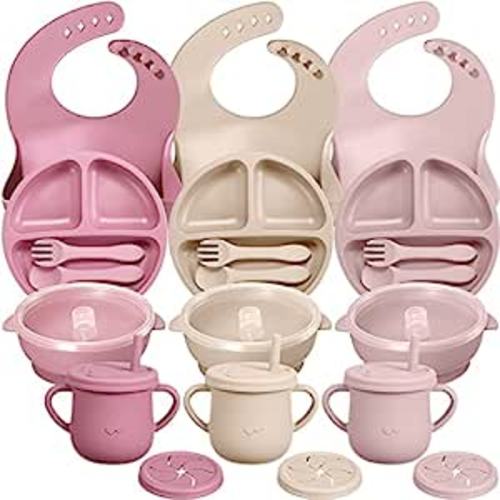 3 Sets Baby Led Weaning Supplies, Silicone Baby Feeding Set with Divided Plate Adjustable Bib Suction Bowl with Lid Snack Cup Soft Spoon Fork, Self Eating Utensil (Beige, Pink, Light Pink)