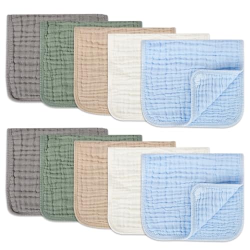 Arnzion Muslin Burp Cloths Set for Babies 100% Cotton Baby Washcloths, Large 20''x10'' Extra Absorbent and Soft 10 Pack for Boys & Girls Blue Grey Green