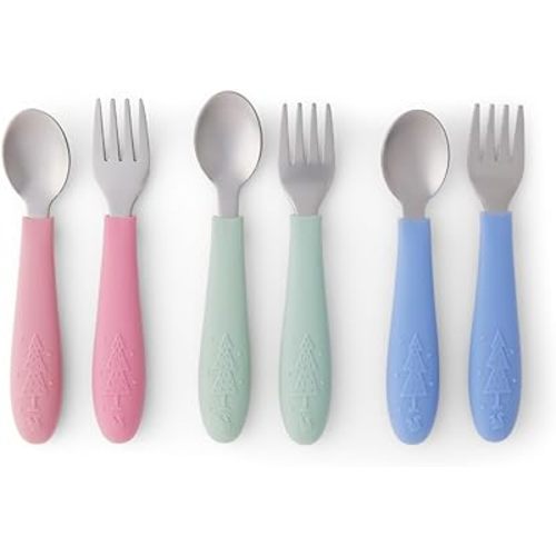 Elk and Friends Kids Silverware with Silicone Handle | Childrens Safe Flatware | Toddler Utensils | Baby Spoons + Forks | Stainless Steel Cutlery