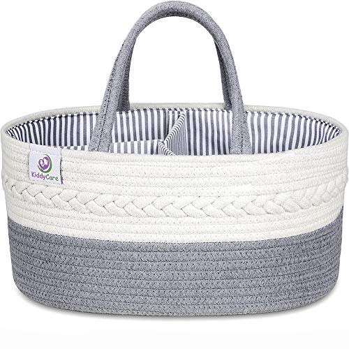KiddyCare Baby Diaper Caddy Organizer - Stylish Rope Nursery Storage Bin 100% Cotton Canvas Portable Diaper Storage Basket For Changing Table & Car - Top Baby Shower Gift