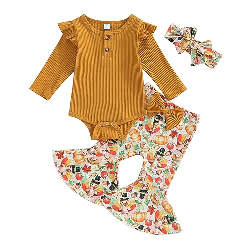 Kuriozud Newborn Baby Girl Bell Bottom Outfit Ruffle Romper Cute Bow Flare Pants Set Headband Cute Clothes