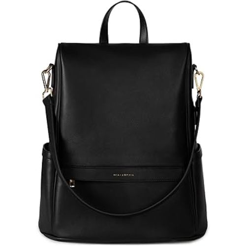 MIA + SOPHIA Leather Diaper Bag Backpack with USB Charging port, Changing Pad, Stroller Straps (Black Mia)