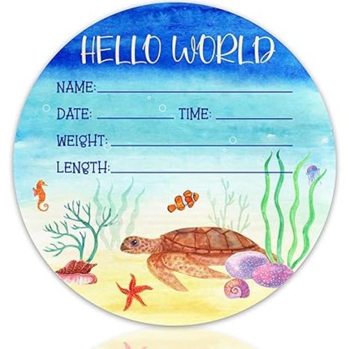 Baby Announcement Sign with Name & Stats Hello World Newborn Hospital Keepsake for Photo Prop Nursery Decor New Parent Gifts Ocean Theme