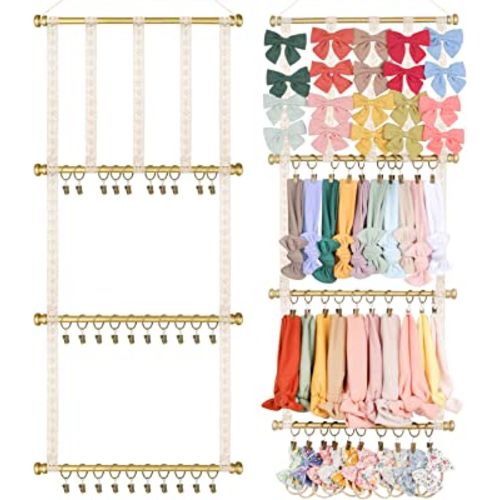 CN Headband Organizer Holder for Baby Girls, Bow Holder for Girls Hair Bows, Hair Accessories Hanger Boho Ribbon Storage with 30 Bronze Clips for Nursery Hanging Room Decor For Wall
