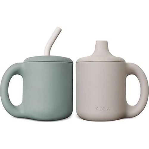 Silicone Sippy Cups for Toddlers 1-3 and Training Sippy Cup for 6 month old | Soft Spout and Staw Lid Toddler Cups | Unbreakable Easy Grip Sippy Cups Spill Proof 5oz/150ml (Green and Cream)