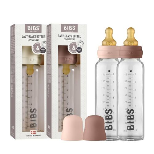 Bibs Baby Glass Bottle | Anti-Colic Borosilicate Glass Bottles | Natural Vented Round Natural Rubber Latex Nipple | Consistent Flow Rate | 7.6 oz/225 ml | 2 Pack | Blush/Woodchuck