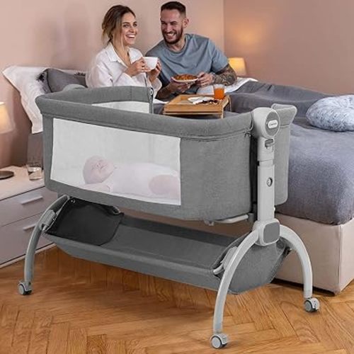 Cowiewie Baby Bassinets with Universal Wheels with Brakes Bedside Bassinet with Storage, Double-Lock Patent Design; 7-Level Height Adjustable, Include Rebound Mattress