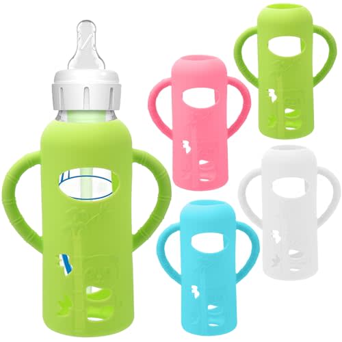 4 Pack Silicone Sleeves for Dr. Brown's Glass Baby Bottles - Drop Protection Baby Bottle Sleeves,Compatible with Dr. Brown's Newborn Glass Bottles,with Silicone Handles,8 oz