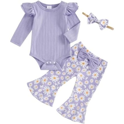 Newborn Baby Girl Fall Winter Outfits Ribbed Long Sleeve Romper Daisy Print Flared Pants Headband Set 0-18 Months