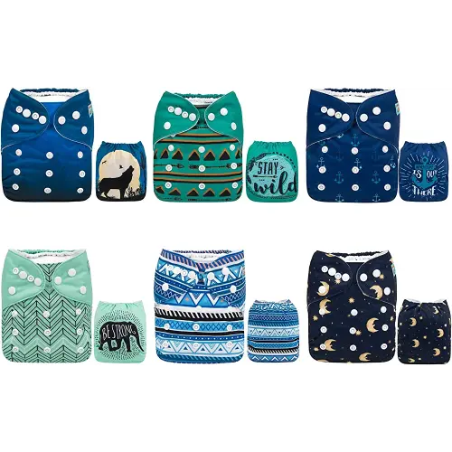 ALVABABY Baby Cloth Diapers 6 Pack with 12 Inserts One Size Adjustable Washable Reusable for Baby Boys 6DM44-DA