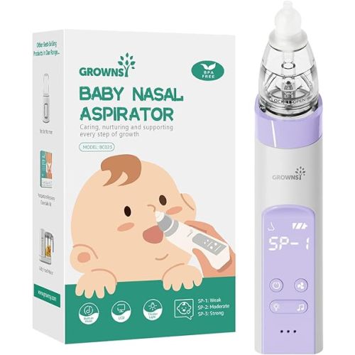 GROWNSY Nasal Aspirator for Baby, Electric Baby Nose Sucker, Automatic Nose Cleaner with 3 Silicone Tips, Adjustable Suction Level, Music and Light Soothing Function, Purple