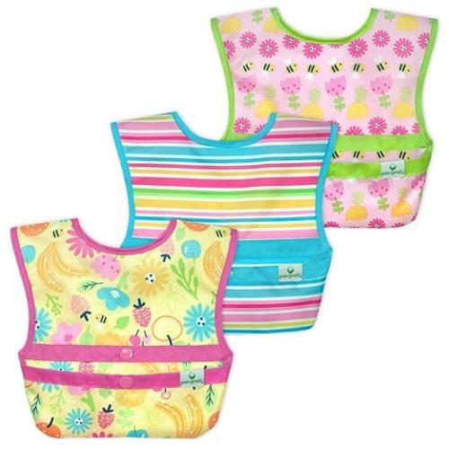 green sprouts Snap and Go Easy-wear Bibs for Baby & Toddler (3 pk) | Protection for Messy Eaters | Flipped Pocket, Easy Clean - Pink Bee Floral