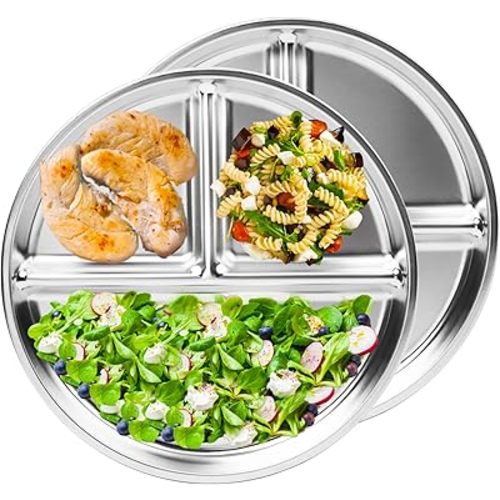 Stainless Steel Kids Plates 2 Packs, 9" Portion Control Plate Divided Plates for Adults Bariatric Weight Loss & Diabetic Diet, [Non Toxic Unbreakable] Toddlers Lunch Dishes, Camping Food Tray