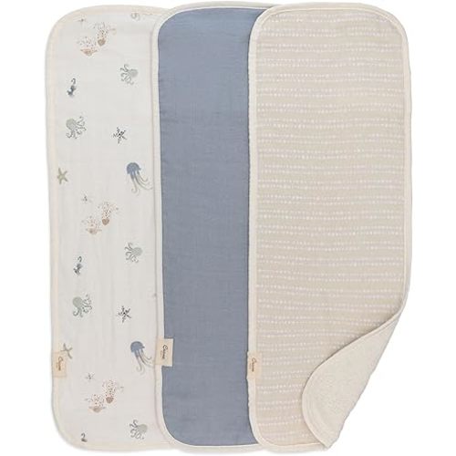 Crane Baby Muslin Baby Burp Cloths, Lightweight Absorbent Burp Cloth, Sea Life Jellyfish, Set of 3, 7” x 20”, Newborn Baby Essentials, Burp Cloths Baby Boy, Burp Cloths Baby Girl, Newborn Essentials