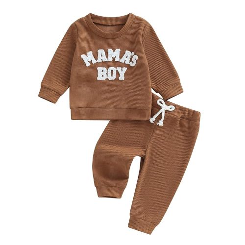 Kupretty Toddler Baby Boy Fall Winter Clothes Embroidery Waffle Knit Sweatshirt Pullover Tops + Casual Pants Outfit Set
