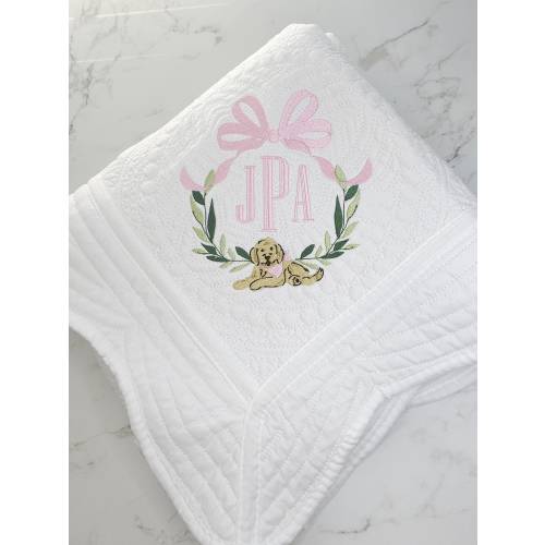 Monogram Baby Quilt: Heirloom Cotton Crib Quilt, Dog Design