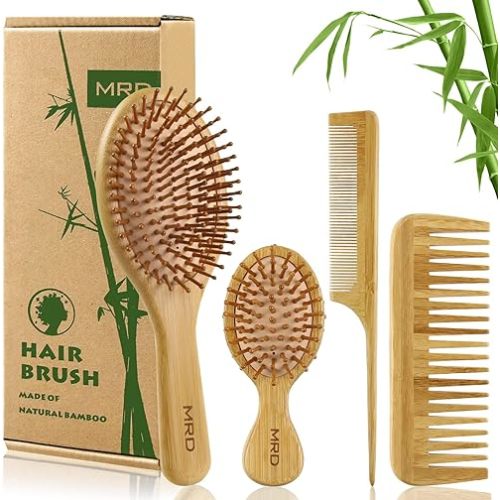 MRD Hair Brush Set, Natural Bamboo Comb Paddle Detangling Hairbrush, Wide-tooth and tail comb No Bristle, suit for Women Men and Kids Thick/Thin/Curly/Dry Hair Gift kit