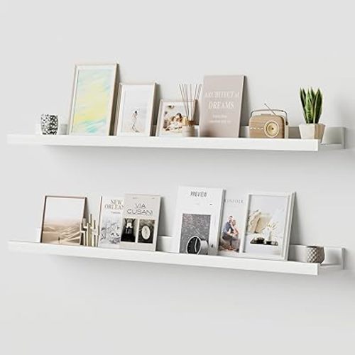 Floating Shelves for Wall, 36 inch Solid Wood Picture Ledge Shelf, Picture Shelf for Wall with Ledge, Floating Book Shelves for Living Room Bedroom Kitchen Nursery Decor, White, Set of 2