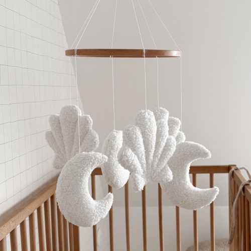 Boucle mobile handmade baby mobile shell and moon mobile baby nursery decoration neutral baby mobile neutral nursery decor boucle seashell