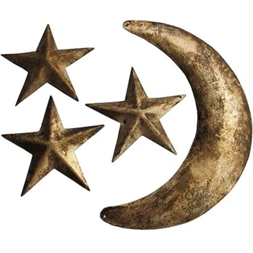 Mango Gifts Rustic Moon Phase Wall Decor | 4-Piece Gold Metal Wall Art Set Featuring Crescent Moon & Stars | Vintage Farmhouse Boho Hanging Decoration for Living Room & Bedroom
