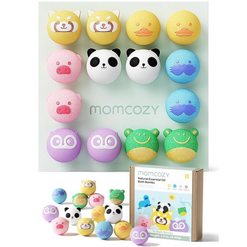 Momcozy Essential Oil Bath Bombs,14 Pcs Bubble Bath Fizzy Balls with 7 Cute Animal Shapes,Bath Bombs Gift Set for Kids Girls Boys Toddler, Ideal Gift for Children's Day, Bath Bomb Kit