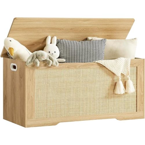 usikey 39.4” Storage Chest, Toy Box with 2 Safety Hinges, Rattan Storage Bench with Storage, Toy Chest for Bedroom, Shoe Bench, Supports 220 lb, for Living Room, Entryway, Natural