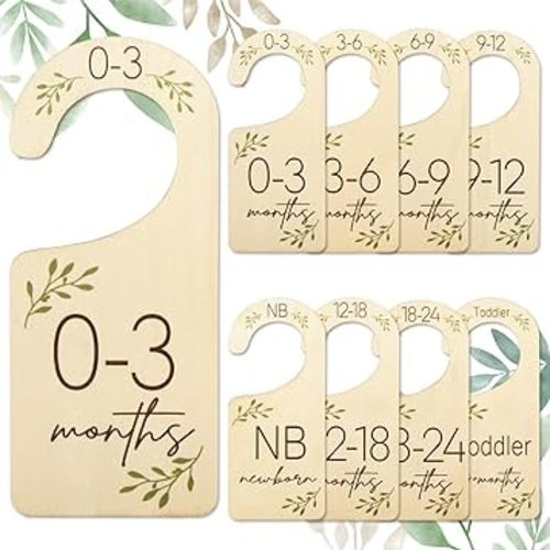 Whaline 8Pcs Baby Closet Size Dividers Green Leaves Hanging Wooden Baby Closet Organizer Newborn to 24 Months Thicken Baby Wardrobe Organizer