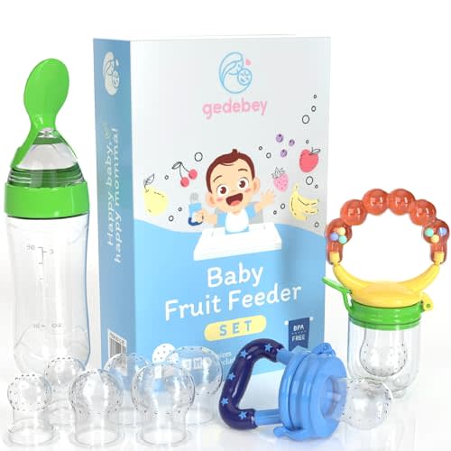 Baby Fruit Feeder Pacifier - 3 Pack | 2 Frozen Fruit Teething Pacifier & 1 Baby Food Spoon Feeder | Baby Silicone Feeder Pacifier | Teething Feeder, Baby Food Feeder Fruit Pacifier (Colorful)