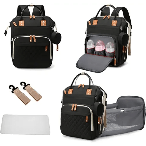 Diaper Bag Backpack with Changing Station Portable 3 in 1 Multifunction Backpack Travel mommy bag Stroller Black