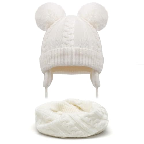 Duoyeree Toddler Winter Hat with Earflap Scarf Hood Thick Warm Kids Skull Cap for Baby Girls Boys