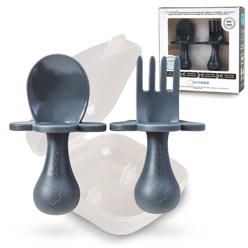 Grabease Baby Led Weaning 3pc Baby and Toddler Fork and Spoon Utensil Set with Travel Case, Self Feeding Utensils for Baby and Toddler
