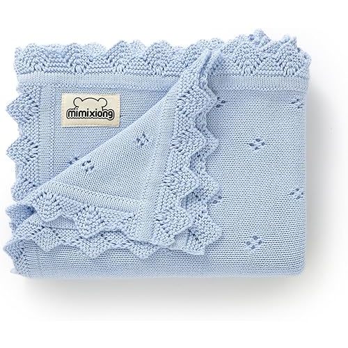 mimixiong Cotton Baby Blanket Knitted Crochet Receiving Crib Nursery Swaddling Blankets for Newborn Baby Boy Girl 30x40 Inch (LightBlue)