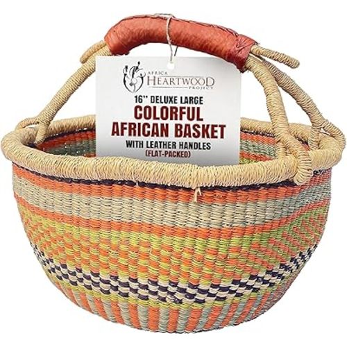 Africa Heartwood Project - Deluxe Colorful African Basket with Leather Handles - Handmade from dried Elephant Grass, Hand-Woven by Women in Bolgatanga, Ghana - Large 16" Round Flat-packed