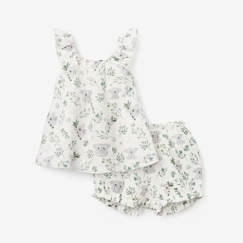 Koala Print Organic Muslin Flutter Sleeve Dress & Bloomer Set
– Elegant Baby